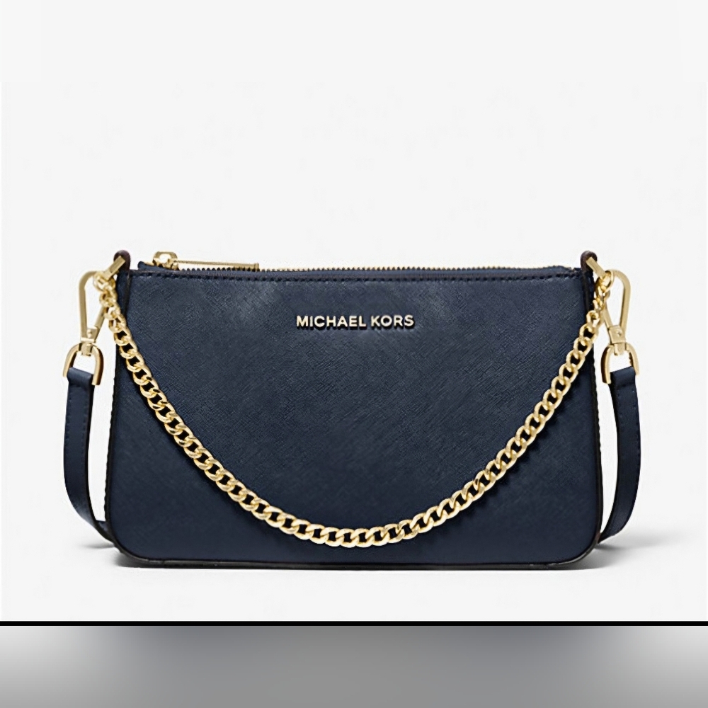 Michael Kors Jet Set Leather Crossbody Navy Silver Hardware